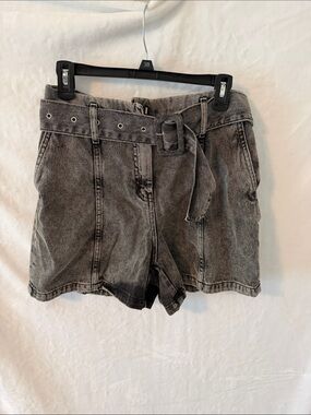 Zara Washed Grey High-Waist Belted Denim Shorts